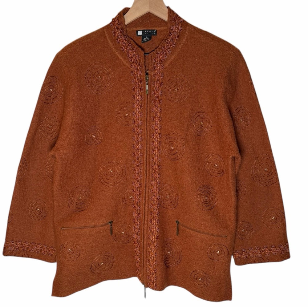 Boho Artisan 100% Wool Zip Jacket Embellished Bro… - image 3